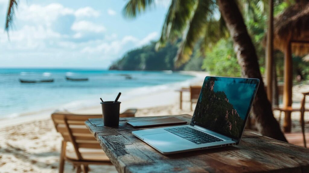laptop of digital nomad on the beach with beautiful view