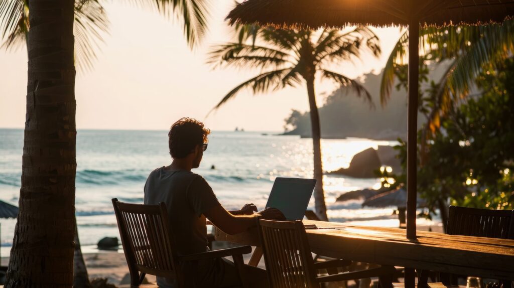 digital nomad working at beautiful beach during sunset